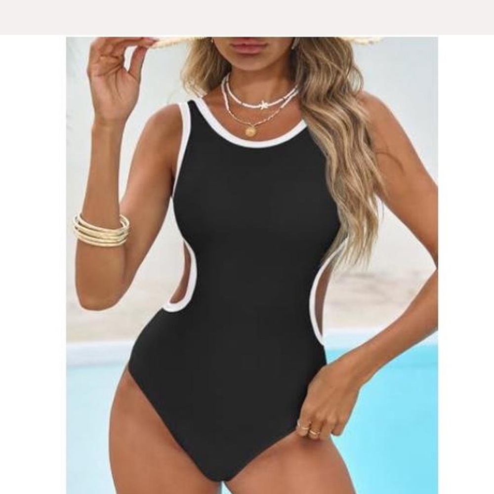 Women one piece swimsuit black and white high neck sexy cut out low back tummy